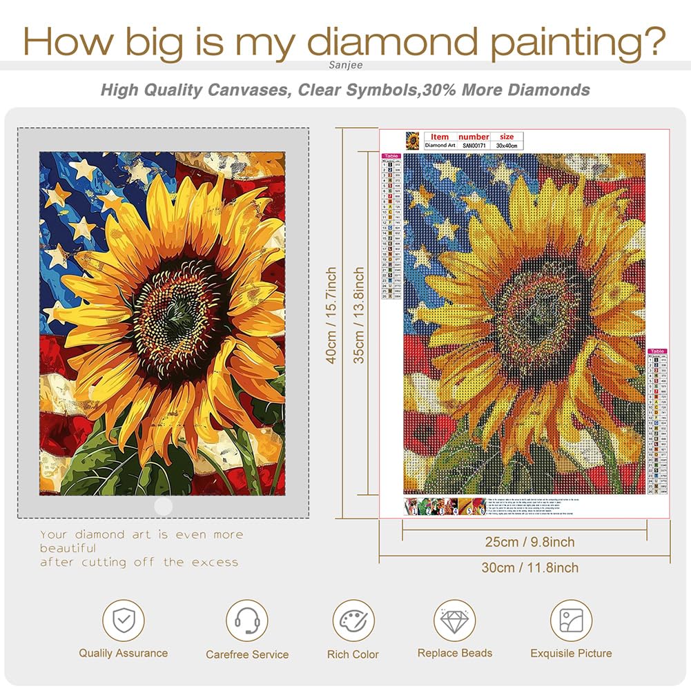 Sanjee Sunflower Diamond Art Painting Kits for Adults Beginner, American Flag 5D DIY Round Full Drill Gem Art Crafts for Home Wall Decor Gift, 12x16inch Sanjee