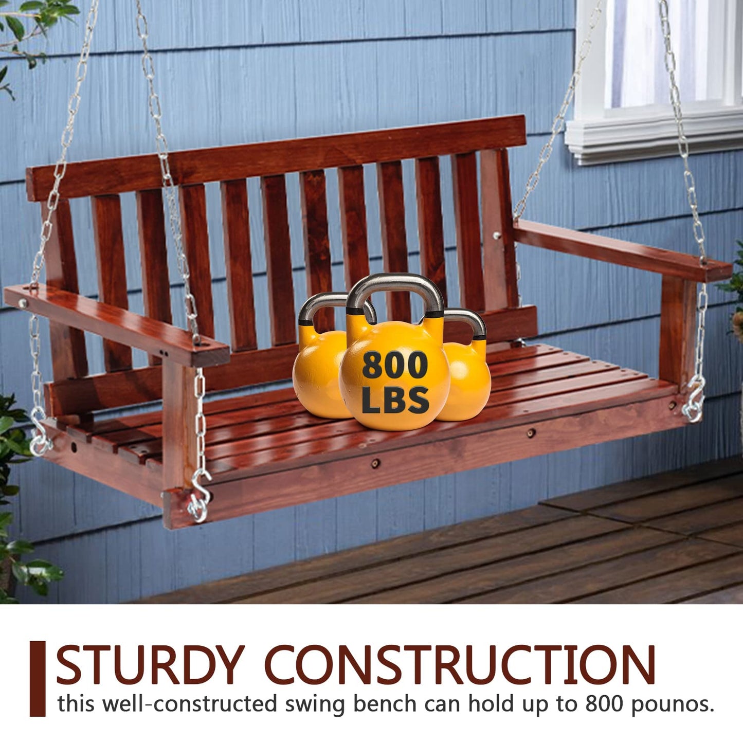 Outdoor Wooden Porch Swings 4Ft/48in Outdoor Swings Heavy Duty 800lb Weight Capacity Swing Bench for Adults with Hanging Chains and Fixing Screw for Garden and Backyard,Brown - WoodArtSupply