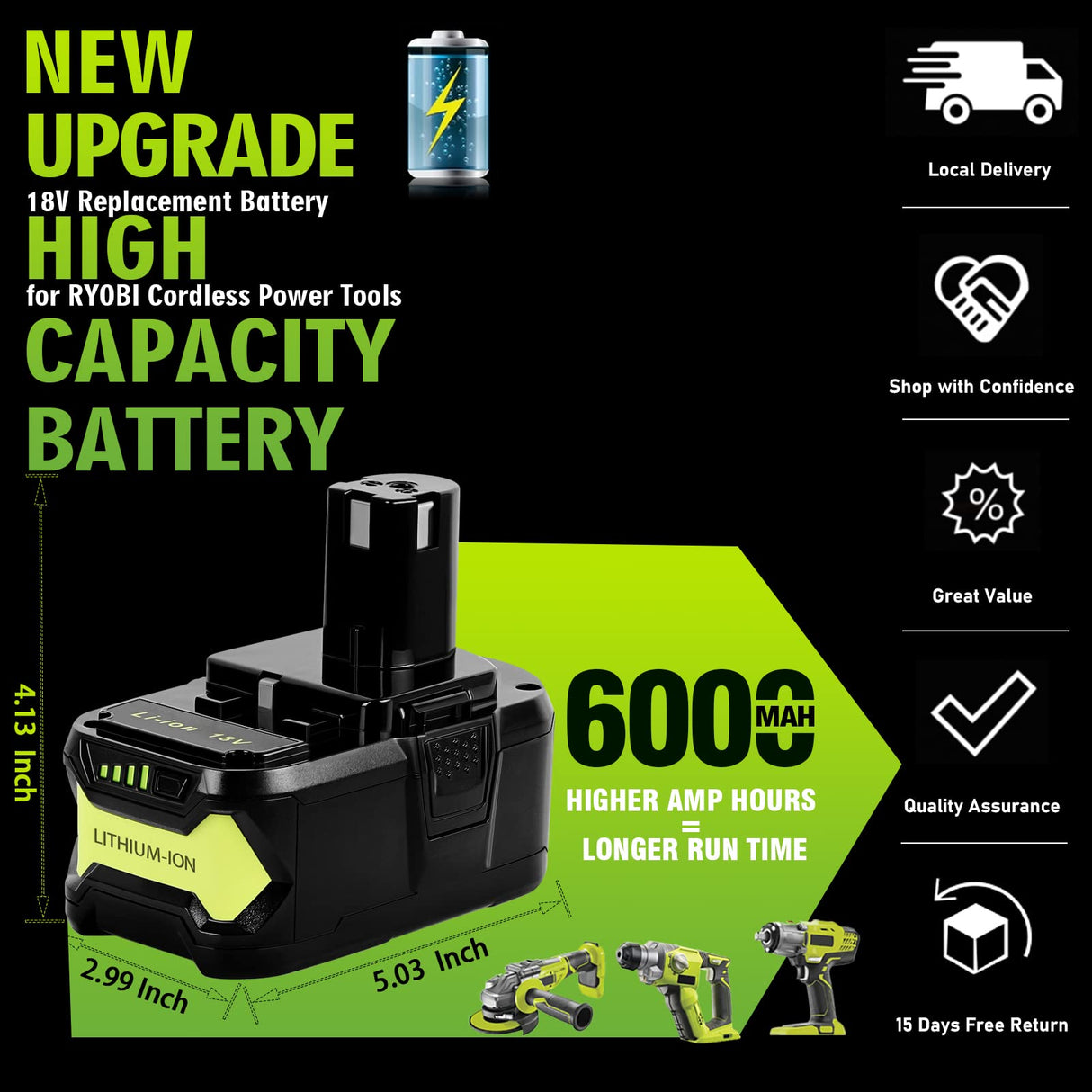 Jialitt 6.0Ah 18V P108 Battery Li-ion Replacement Compatible with Ryobi 18V Battery Ryobi ONE+ P108 P102 P103 P104 P105 P107 P109 P122 Cordless Power Tools Battery with LED Indicator Jialitt