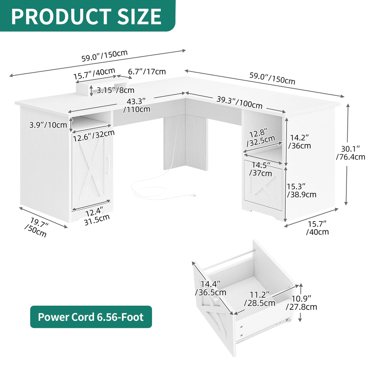 YITAHOME L Shaped Desk with Power Outlets, 60 Inch Computer Desk Corner Desk with File Drawer, Home Office Desk with Monitor Stand & Storage Shelves, L-Shaped Desk with File Cabinet, White YITAHOME