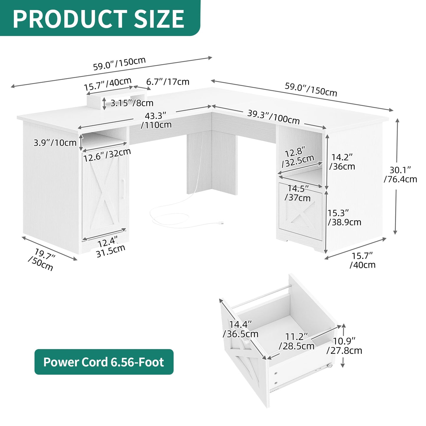 YITAHOME L Shaped Desk with Power Outlets, 60 Inch Computer Desk Corner Desk with File Drawer, Home Office Desk with Monitor Stand & Storage Shelves, L-Shaped Desk with File Cabinet, White - WoodArtSupply