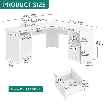 YITAHOME L Shaped Desk with Power Outlets, 60 Inch Computer Desk Corner Desk with File Drawer, Home Office Desk with Monitor Stand & Storage Shelves, L-Shaped Desk with File Cabinet, White - WoodArtSupply