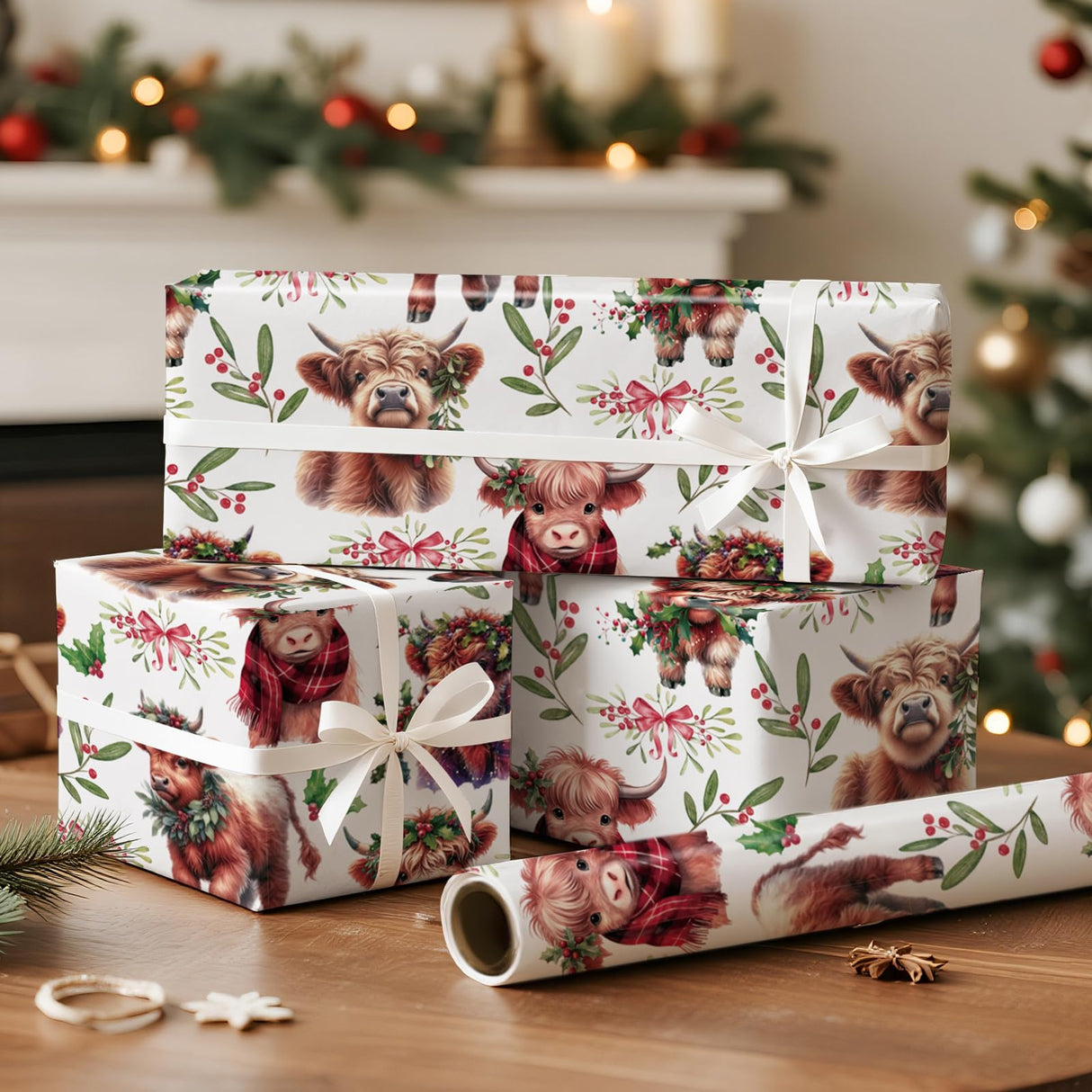 RUSPEPA Christmas Cow Wrapping Paper Roll, Mini Roll, Cute Highland Cow with Wreath & Scarf, Floral and Greenery, Gift Wrap for Kids, Women, Family, Farmhouse Style Xmas Gifts, 17 Inches x 16.4 Feet RUSPEPA