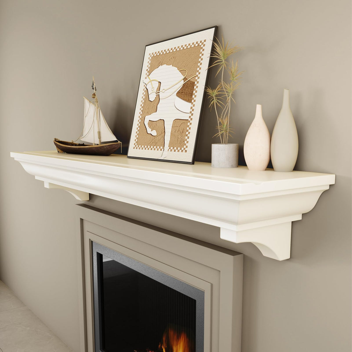 Fireplace Mantel, 60 Inch Rustic Fireplace Mantle with Arched Corbels, 100 lbs Weight Capacity Fire Place Mantel, Natural Wood Mantles for Over Fireplace, Fire Place Mantel for Living Room (White) KALSUBO