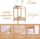 Tiita Rattan Coffee Table, Round End Table, 19.7Inch Modern Side Table, Small Bamboo Living Room Side Table, Glass Sofa End Table for Balcony and Office Outdoor/Indoor (Horizontal Stripe) Tiita
