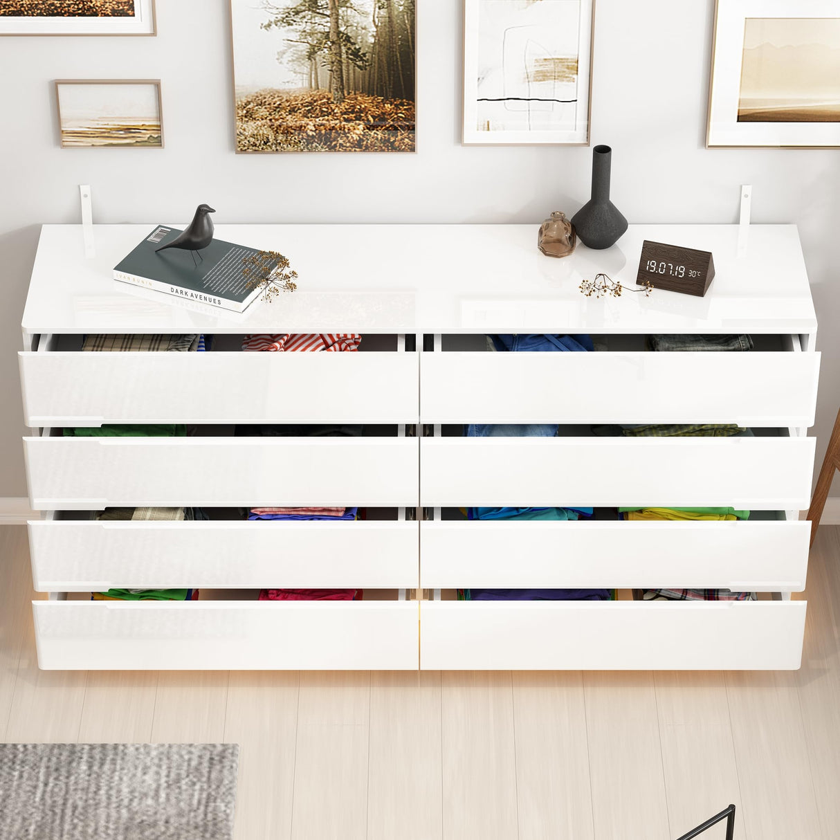 Homsee Large 8 Drawer Double Dresser with LED Light, Modern Dresser Chest of Drawers with High Gloss Surface for Bedroom, White (63”W x 15.7”D x 30.9”H) Homsee