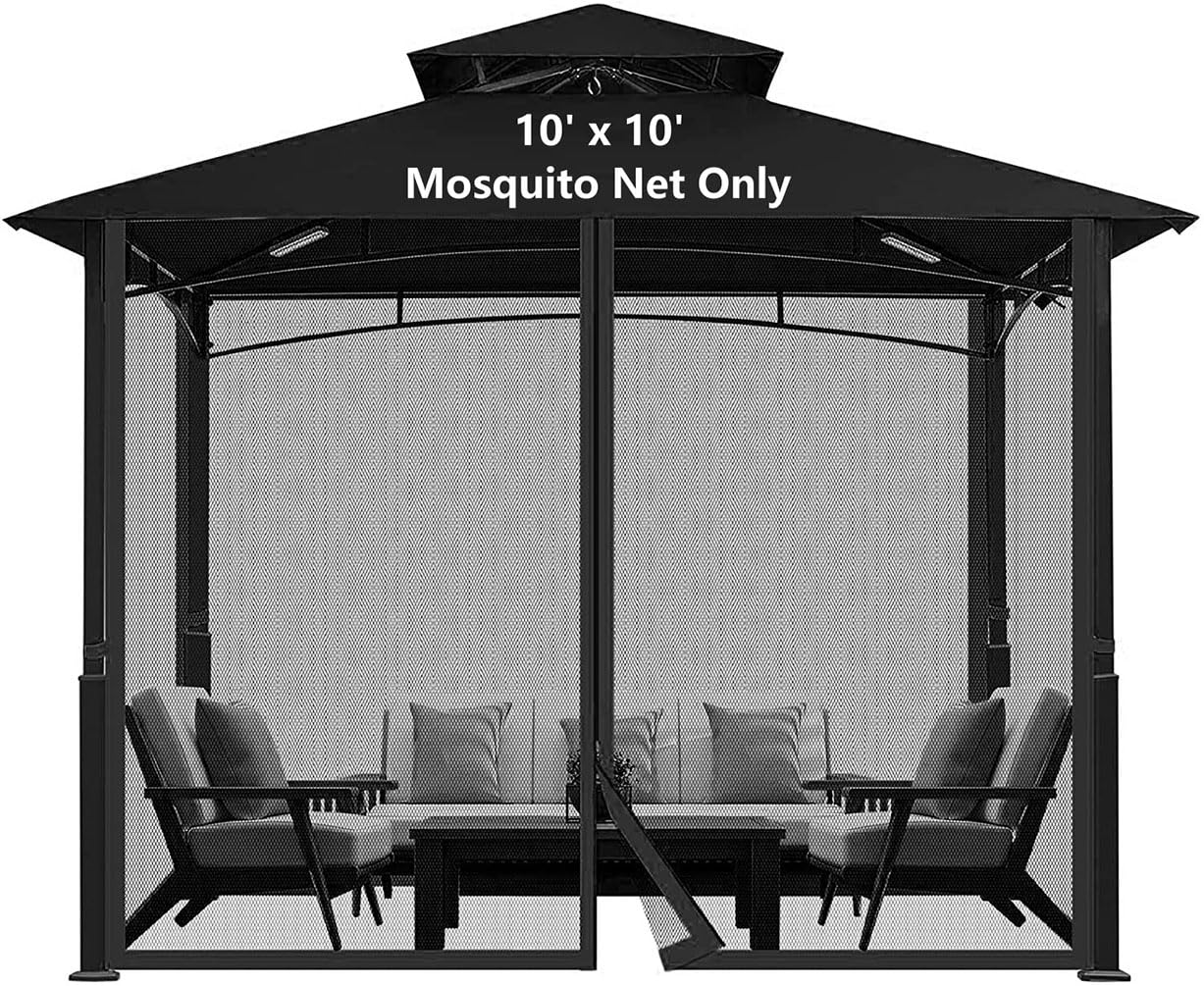 Dhyazqfit Mosquito Net for Outdoor Gazebo Canopy 4-Panel Canopy Screen Wall with Zipper for 10 x 10' Patio Gazebo and Tent (Mosquito Net Only) 10' x 10' Black