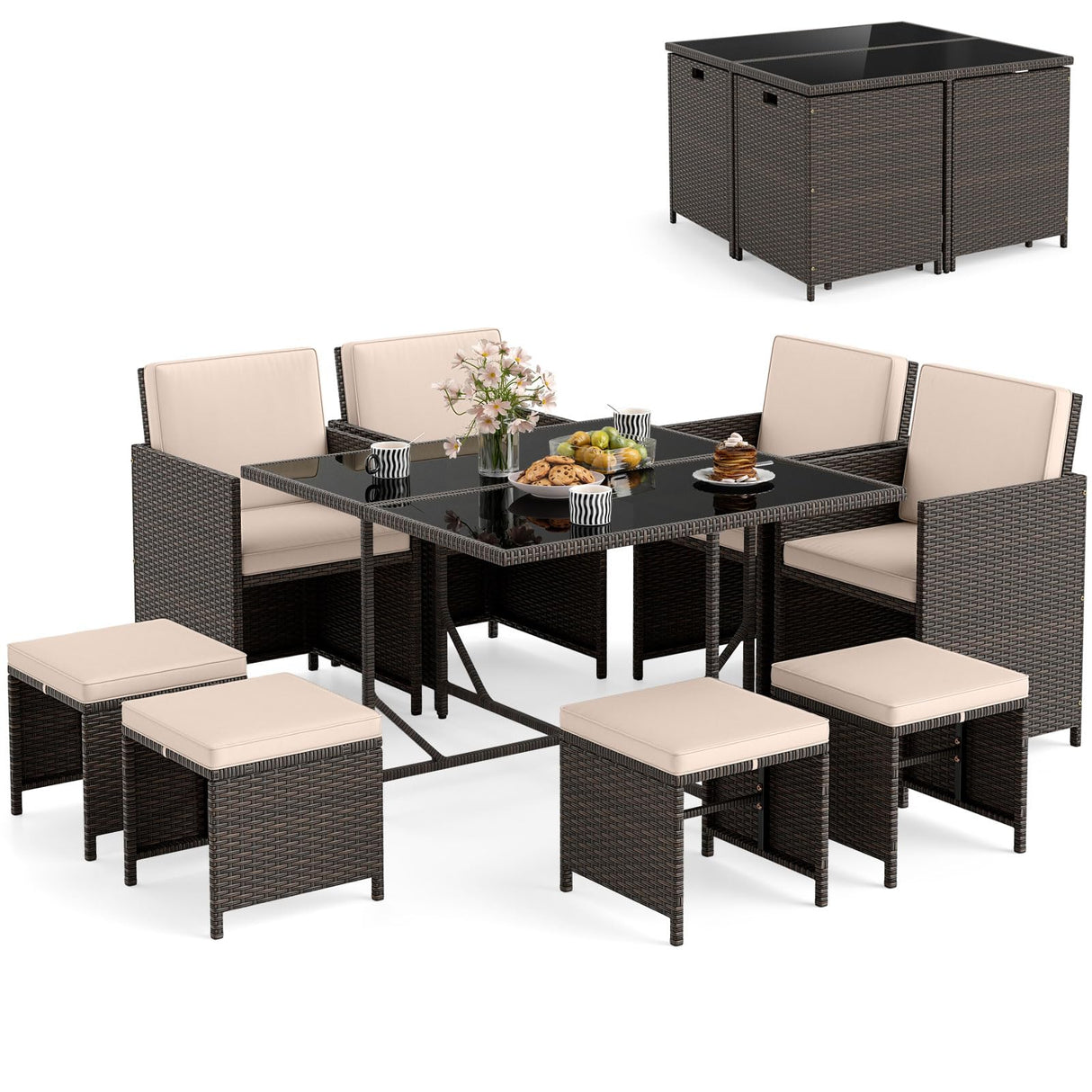 Tangkula 9 Piece Patio Dining Set, Rattan Chairs with Tempered Glass Table & Ottoman, Space Saving Wicker Sectional Conversation Set with Removable Cushions, Outdoor Furniture for Backyard Garden Deck Tangkula
