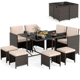 Tangkula 9 Piece Patio Dining Set, Rattan Chairs with Tempered Glass Table & Ottoman, Space Saving Wicker Sectional Conversation Set with Removable Cushions, Outdoor Furniture for Backyard Garden Deck Tangkula
