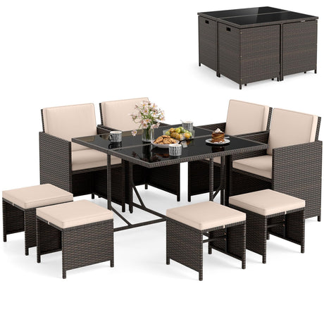 Tangkula 9 Piece Patio Dining Set, Rattan Chairs with Tempered Glass Table & Ottoman, Space Saving Wicker Sectional Conversation Set with Removable Cushions, Outdoor Furniture for Backyard Garden Deck Tangkula