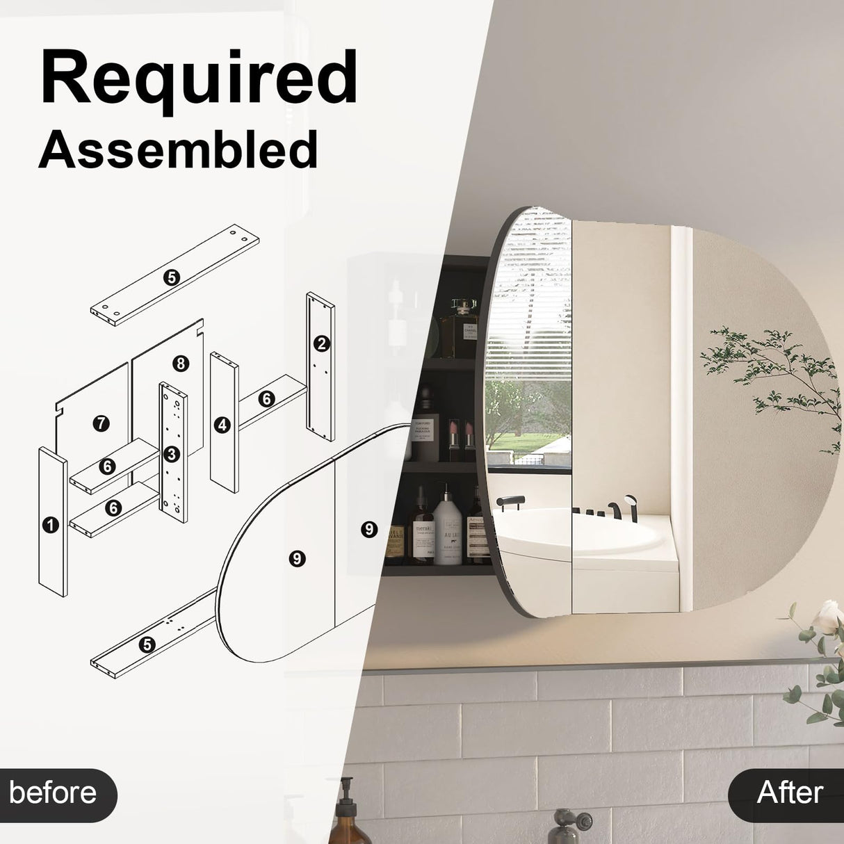 Mepplzian Oval Medicine Cabinet with Mirror for Bathroom,Bathroom Medicine Cabinet,Oval Mirror Cabinet Wall Mounted with 3 Storage,2 Doors,Black Mepplzian