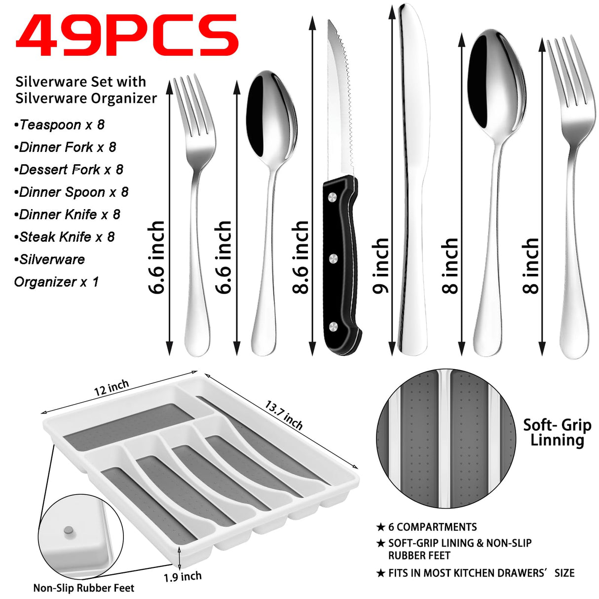 49-Piece Stainless Steel Silverware Set with Cutlery Organizer, Service for 8 with Steak Knives and Kitchen Utensils JUNLIN