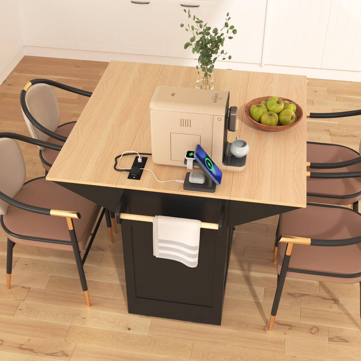 Merax 55.7" Large Kitchen Cart Island on Wheels Foldable Dining Table with 2 Drop Leaf,Power Outlet,3 Drawers,Wood Frame Storage Cabinet Merax