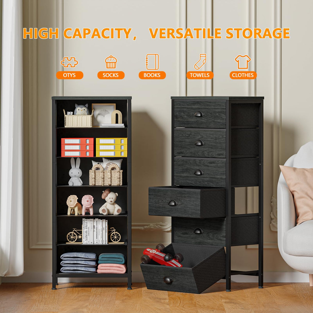 Furnulem Tall Dresser with 6 Drawers,Vertical Bedside End Table & Chest for Bedroom,Black Storage Tower Dorm Nightstand with Fabric Drawer Organizer Unit Furniture in Living Room,Closet,Hallyway Furnulem