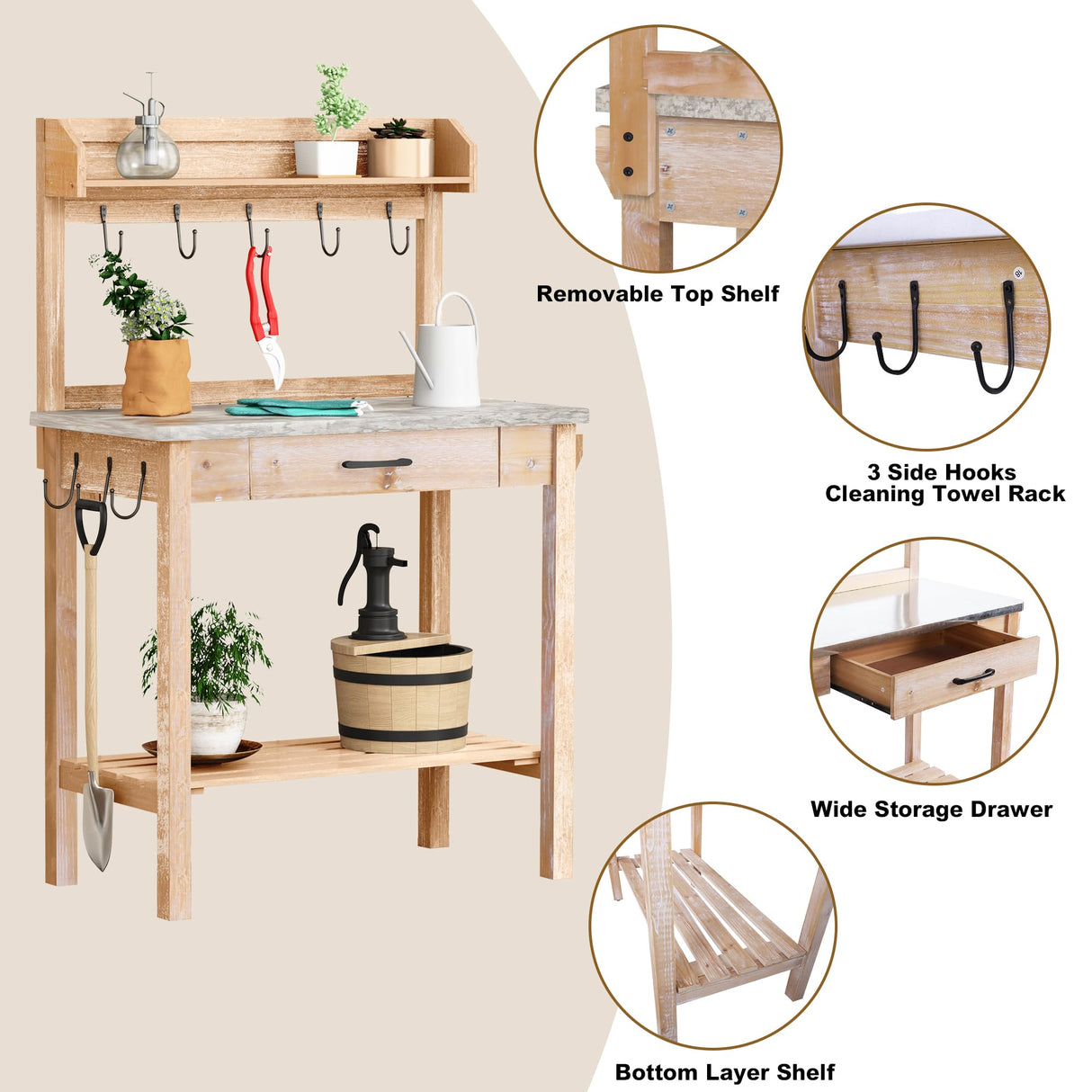 HOLTICO Outdoor Potting Bench Table with Metal Tabletop, Planting Table Potting Work Station with Storage Drawer and Removable Shelf Rack, Garden Potting Table for Outdoors HOLTICO