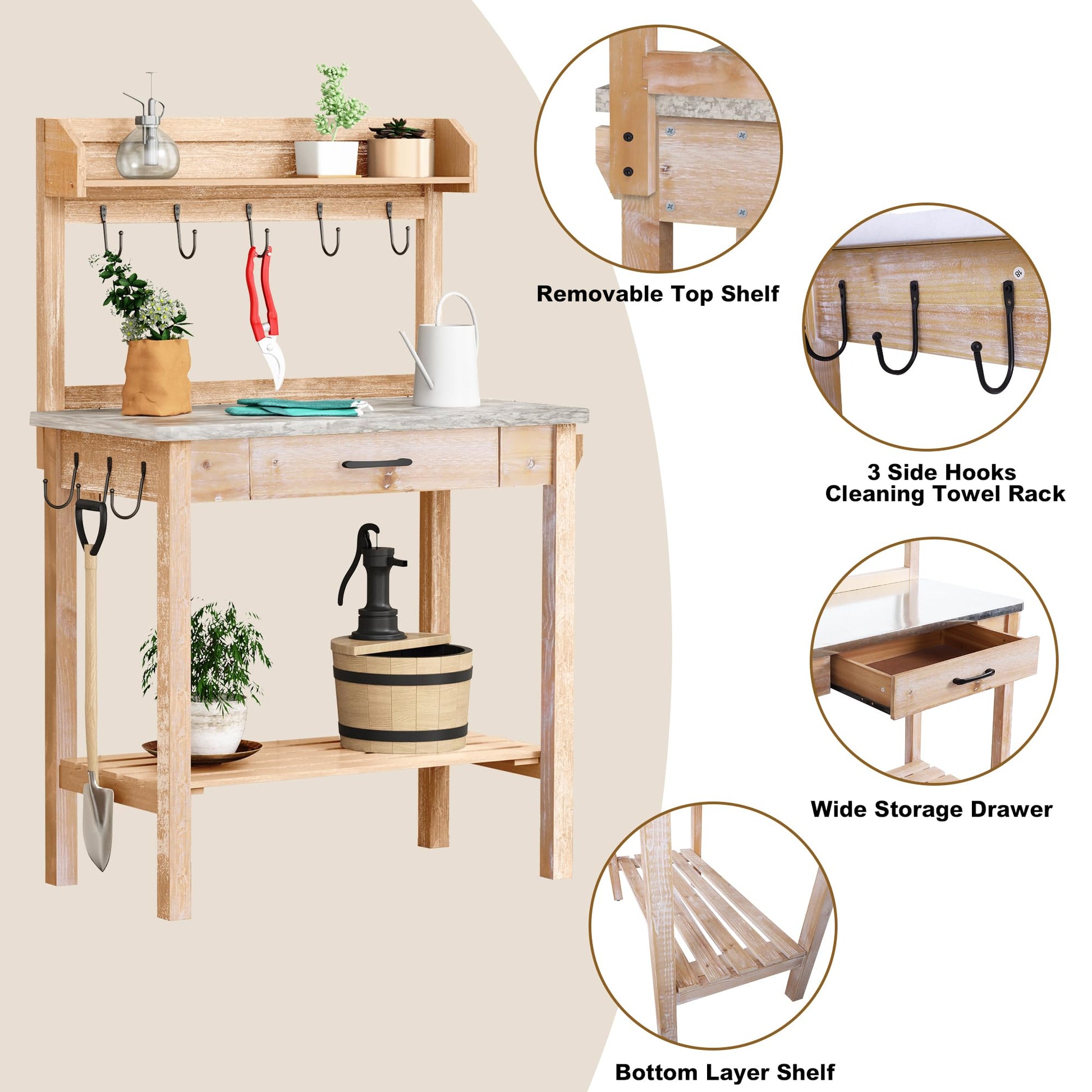 HOLTICO Outdoor Potting Bench Table with Metal Tabletop, Planting Table Potting Work Station with Storage Drawer and Removable Shelf Rack, Garden Potting Table for Outdoors - WoodArtSupply