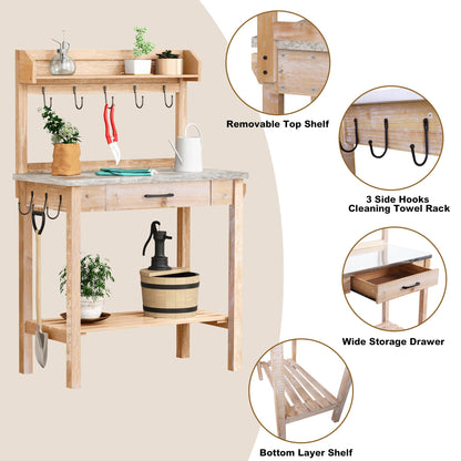 HOLTICO Outdoor Potting Bench Table with Metal Tabletop, Planting Table Potting Work Station with Storage Drawer and Removable Shelf Rack, Garden Potting Table for Outdoors - WoodArtSupply