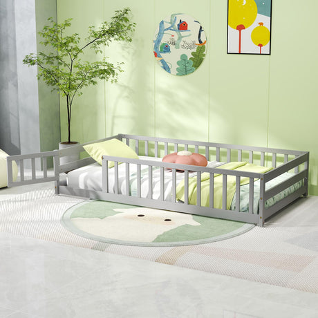 KOMFOTT Twin Size Wood Floor Bed with Door & Fence, Montessori Bed Frame with Full Length Safety Guardrails, Door & Latch, Wooden Montessori Floor Bed for Kids, Girls, Boys (Grey, Twin) KOMFOTT