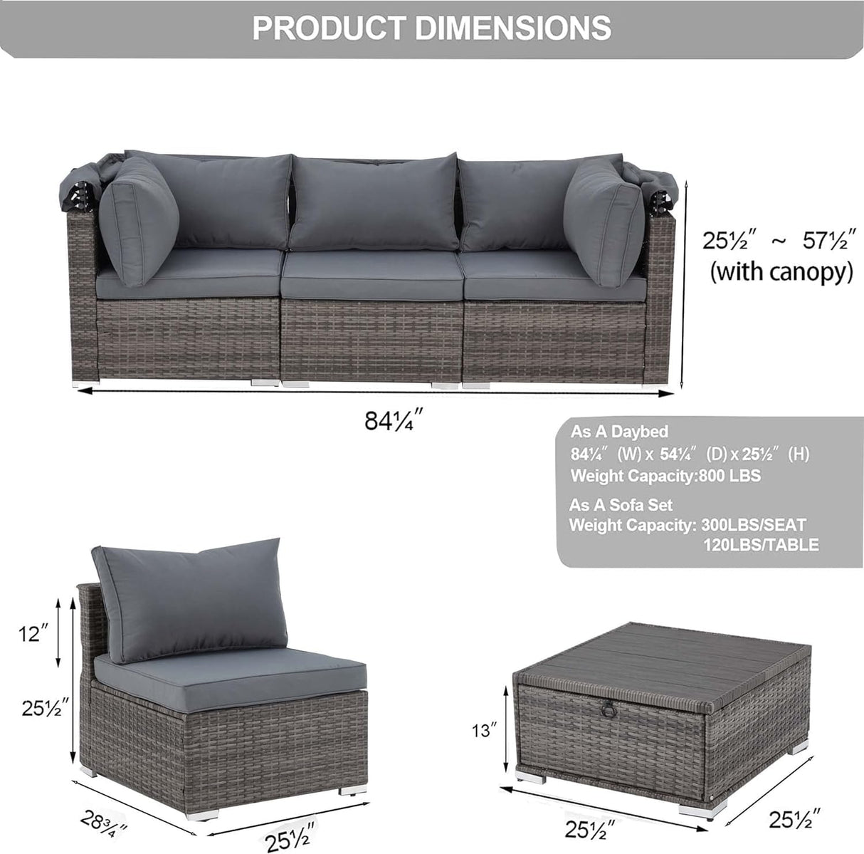 HOMREST 6 Pieces Patio Furniture Sets, Outdoor Daybed with Canopy, Rattan Outdoor Sectional Sofa Set with Adjustable Backrest, Chaise Chair Sunbed for Garden Poolside Backyard（Gray） HOMREST