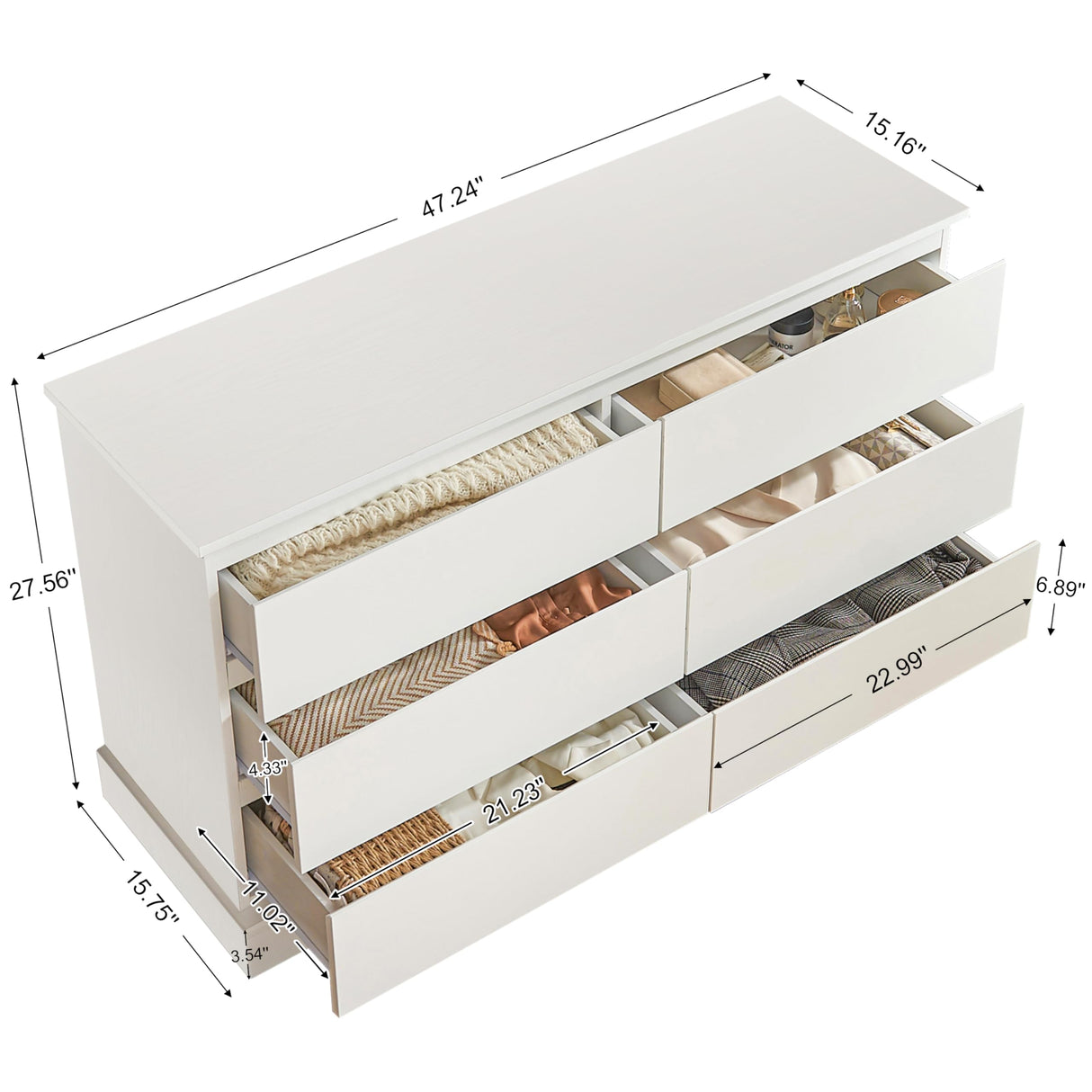 Alaxgumrol White Bedroom Dresser Modern 6 Drawers Dressers Wood Organizer Wide Dresser & Chest of Drawers Storage for Living Room, Entryway, Hallway Alaxgumrol