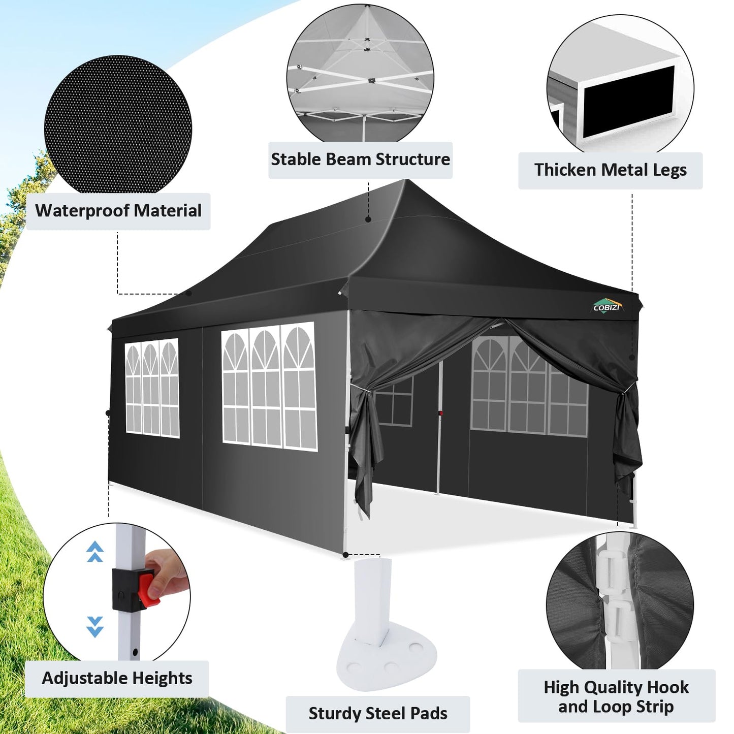 COBIZI 10x20ft Pop Up Canopy Tent with 6 Removable Sidewalls, Easy Up Commercial Canopy, Waterproof and UV50+ Gazebo with Portable Bag, Adjustable Leg Heights,Party Tents for Parties, with 4 Sandbags