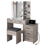 Karl home Lighted Vanity Desk with Sliding Mirror Modern Makeup Vanity Table with Charging Station, 5 Drawers, Storage Shelves, Cushioned Stool, LED Dressing Table Set for Women, Gray Karl home
