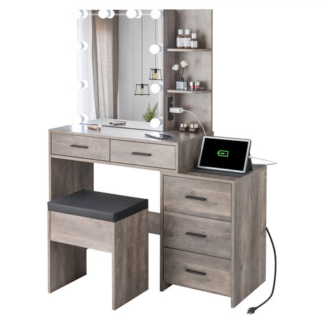 Karl home Lighted Vanity Desk with Sliding Mirror Modern Makeup Vanity Table with Charging Station, 5 Drawers, Storage Shelves, Cushioned Stool, LED Dressing Table Set for Women, Gray Karl home