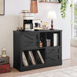 Joaxswe Large Record Player Stand with Vinyl Storage Up to 450 Albums, 39 Inch Farmhouse Wood Black Vinyl Records Storage Cabinet with Barn Doors, Mid-Century Modern Turntable Stand for Living Room Joaxswe