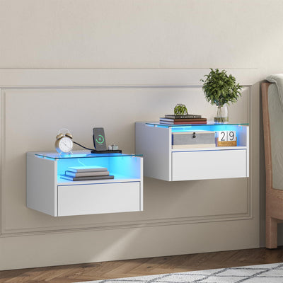 MULEJYBO White Floating Nightstand Set of 2 with Charging Station, Floating Night Stand with Charging Station and LED, Night Stand for Living Room, Entryway Wall, Bedroom White Nightstand