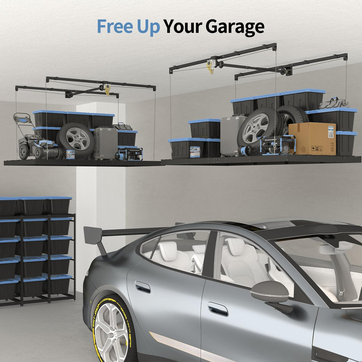 Overhead Garage Storage Rack – 4x8 FT Garage Ceiling Storage Racks with Safety Lock, Heavy-Duty Ceiling Mounted Lift System and Storage Organizer, Ideal for Maximizing Overhead Space, 325 lbs Capacity FERO