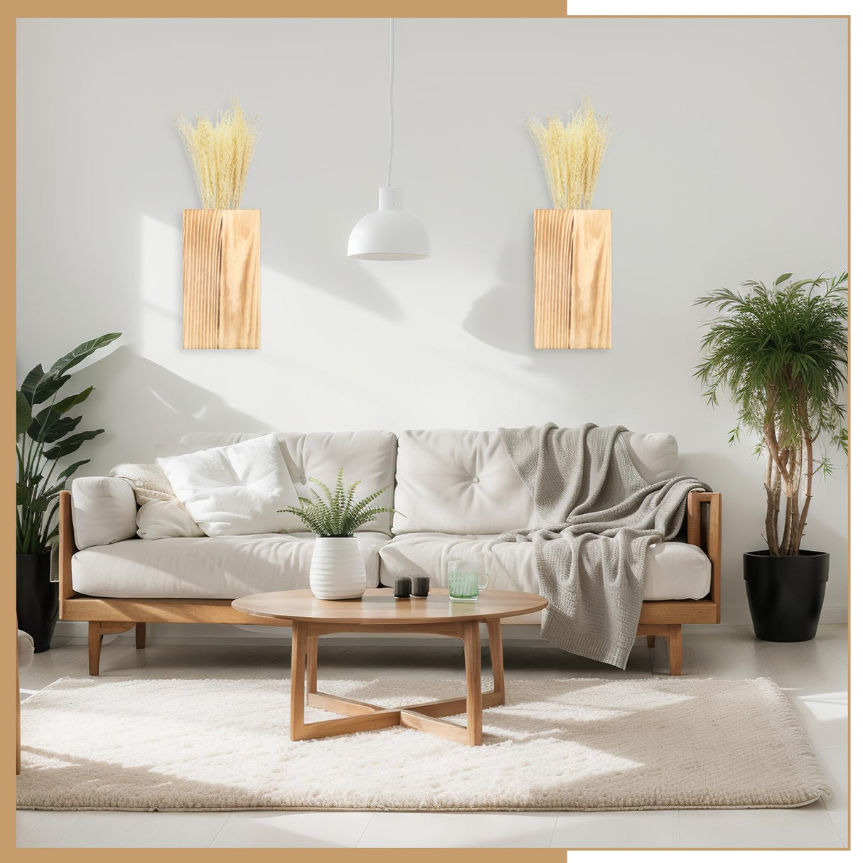 Vesici 2 Pack Wood Wall Planter Vase with Artificial Plants Indoor Plants Holder Pocket Farmhouse Wooden Vases Wall Flower Vase Hanging Plant Decor for Bedroom Kitchen Office Home (Brown,Reed) Vesici