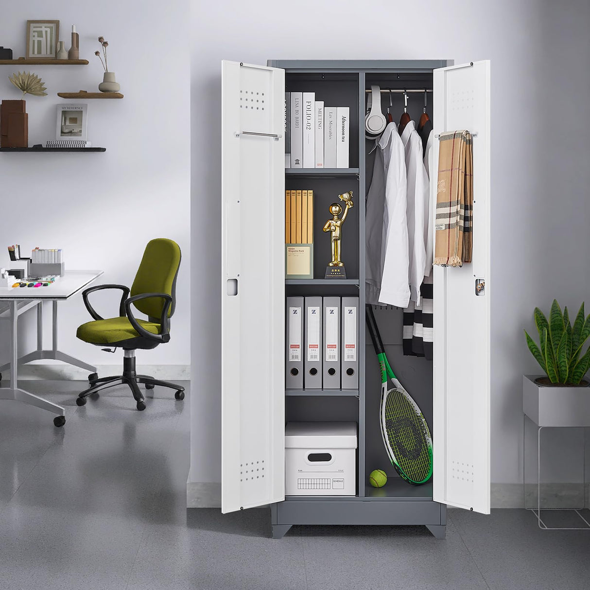 GREATMEET Broom Storage Cabinet, 65" Metal Utility Closet for Brooms and Mops, Cleaning Supply Cabinet with Pegboard, Multifunctional Metal Garage Mop Storage Closet, Grey&White GREATMEET