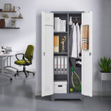 GREATMEET Broom Storage Cabinet, 65" Metal Utility Closet for Brooms and Mops, Cleaning Supply Cabinet with Pegboard, Multifunctional Metal Garage Mop Storage Closet, Grey&White GREATMEET