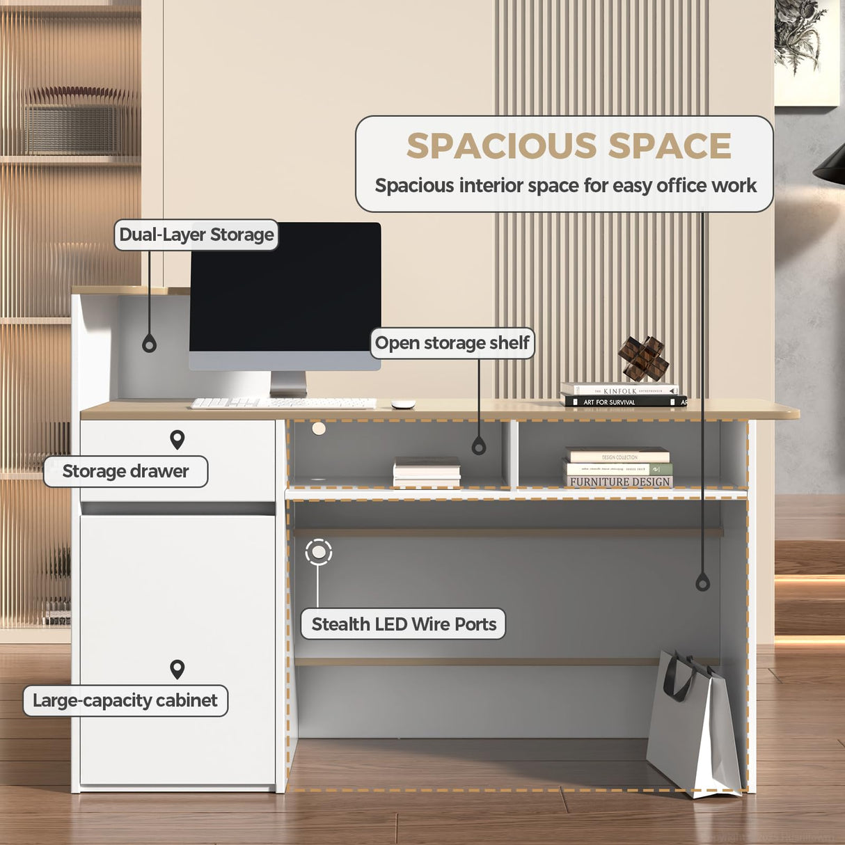 Huariifowm Reception Desk with Counter - Small Reception Desk for Office Counter with Storage Shelves, Drawer & LED Light, for Office, Salon, Store (White+Natural, 59" L * 20" W * 40" H/Left) Huariifowm