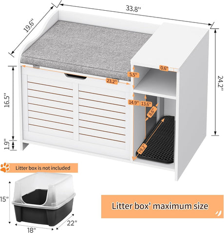 GAOMON Cat Litter Box Enclosure, Large Hidden Litter Box Furniture with Top Opening, Cushion, Storage Shelf, Litter Mat, Wooden Pet House End Table for Cats - White GAOMON