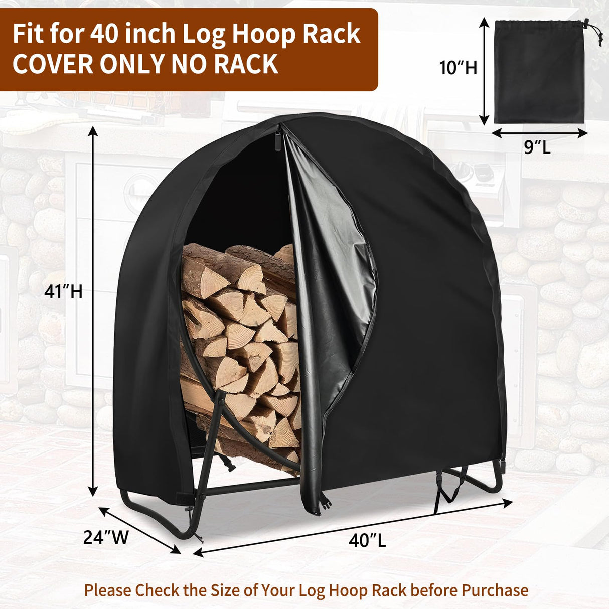 AKEfit 40 Inch Firewood Log Hoop Cover, Heavy Duty 600D Oxford Outdoor Waterproof Firewood Log Hoop Cover, Round Log Rack Cover with Zipper & 2 Windproof Buckle Straps & Drawstring (Cover Only) AKEfit
