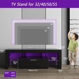 Clikuutory Black LED TV Stand with Large Storage Drawer for 32 40 50 55 Inch TVs, Modern High Gloss TV Console Table with Entertainment Center for Living Room, Bedroom, Black Clikuutory