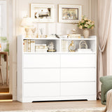 FOTOSOK White Dresser, 47.2" White Modern Chest of Drawers with 2 Open Cabinets, Handless Design Dresser with 6 Drawers, Wood Dressers Storage Drawers for Home & Office FOTOSOK
