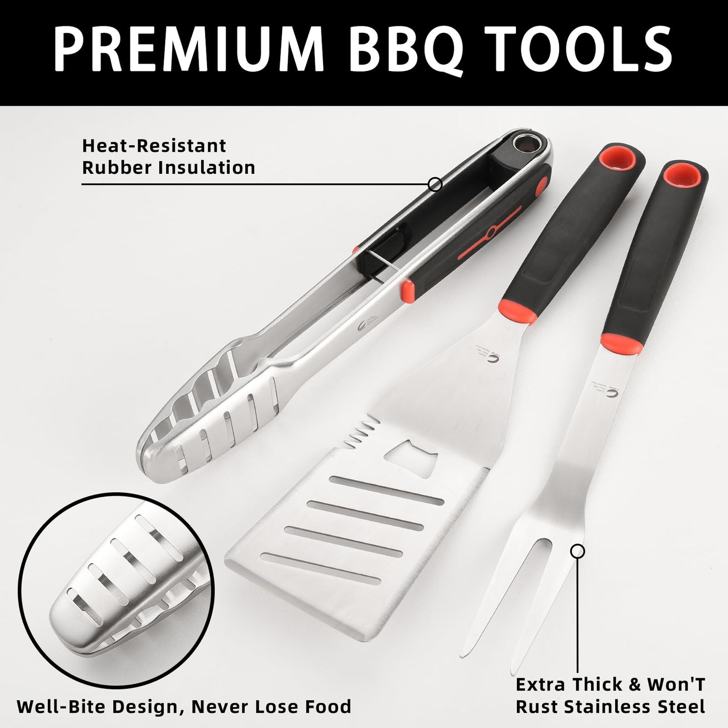 CuCut BBQ Tools Set, Stainless Steel Spatula, Fork & Tongs with with Portable Bag, Essential Accessories for Barbecue & Grill, Grilling Cooking Gifts for Men Dad - JJ19627