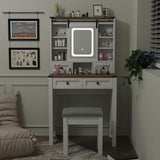 ARTETHYS Vanity Desk with Slide Mirror and Lights Farmhouse Makeup Vanity Set with Chair Small Dressing Table with Drawer for Bedroom, White and Brown ARTETHYS