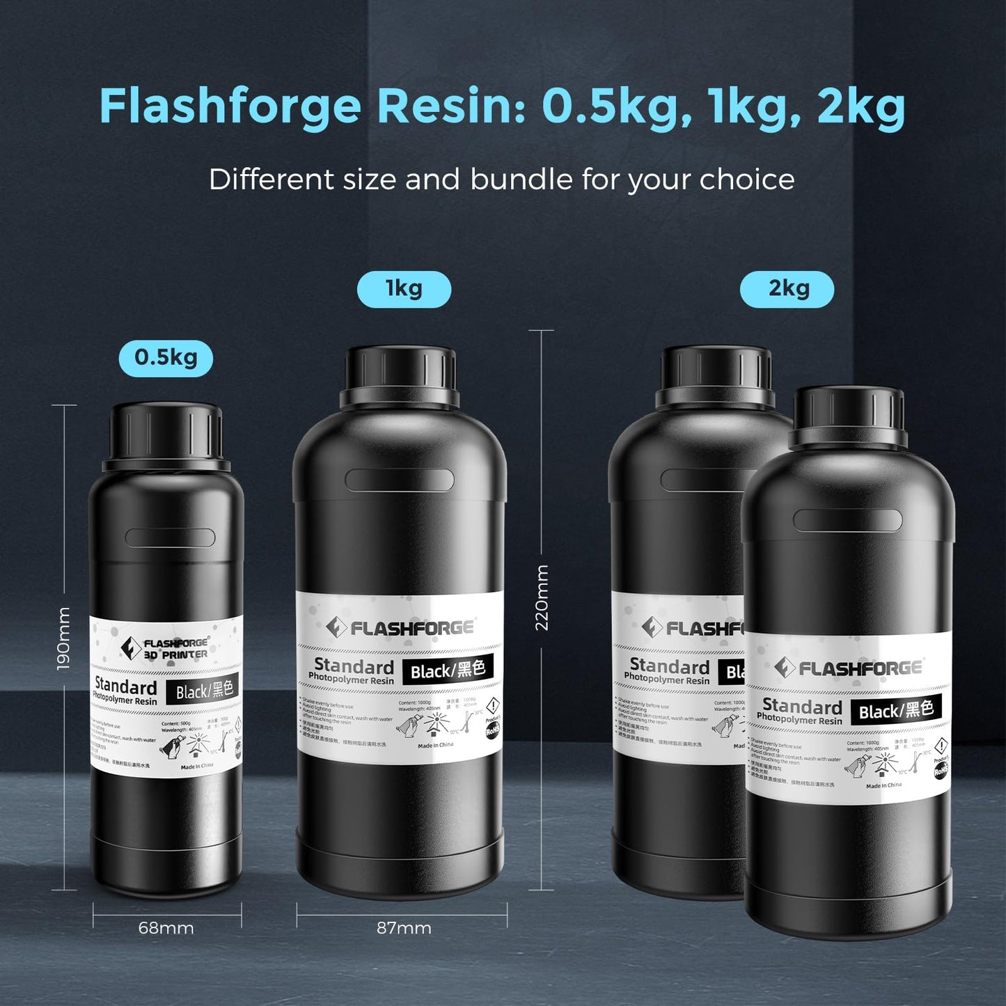 Flashforge 3D Printer Resin 1kg, Fast UV Curing Black Resin 405nm Standard Photopolymer Resin 3D Printer Liquid for LCD/DLP/SLA 3D Printing, High Precision and Low Shrinkage, Low Odor (Black, 1kg)