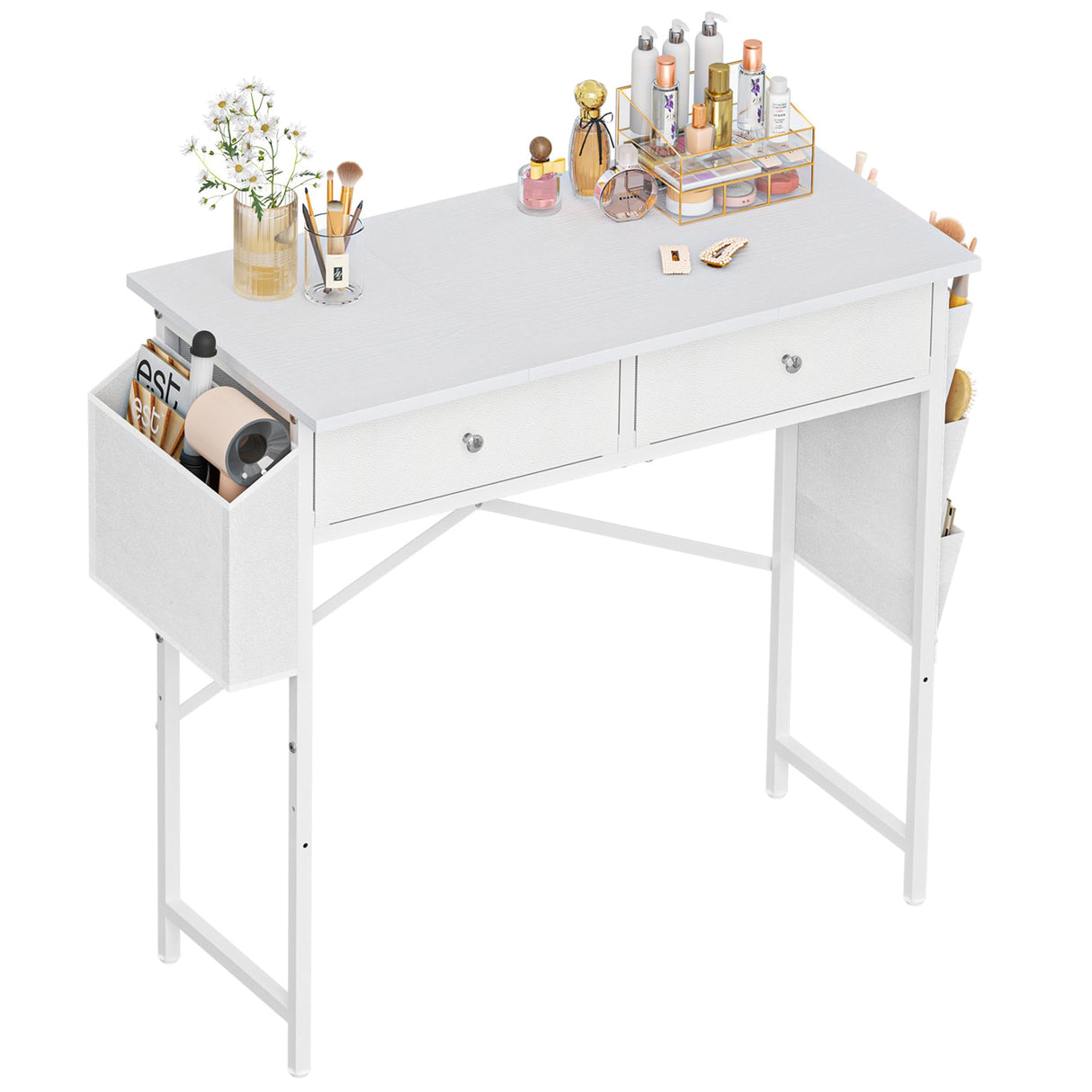 White Vanity Desk with Fabric Drawer, 32 Inch Small Makeup Vanity Desk No Mirror No Chair, Girls Dressing Table with Side Pocket, Modern Vanity Table for Cosmetics, Hair Tools in Bedroom Dressing Room Zuyachuza