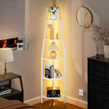 Furnulem 5 Tier Corner Shelf with LED Light, 67.2” Tall Standing Shelf for Wall Corner, Narrow Bookshelf Ladder Shelf for Bedroom, Living Room, Plant, Wood Storage Rack, Metal Frame (White) Furnulem