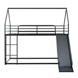 NKISHECK Twin Over Twin Bunk Bed with Slide, Junior House Low Bunk Bed Metal Bunkbeds with Ladder and Full-Length Guardrail for Girl, Boy, Floor Bunk Bed, No Box Spring Needed (Black) NKISHECK