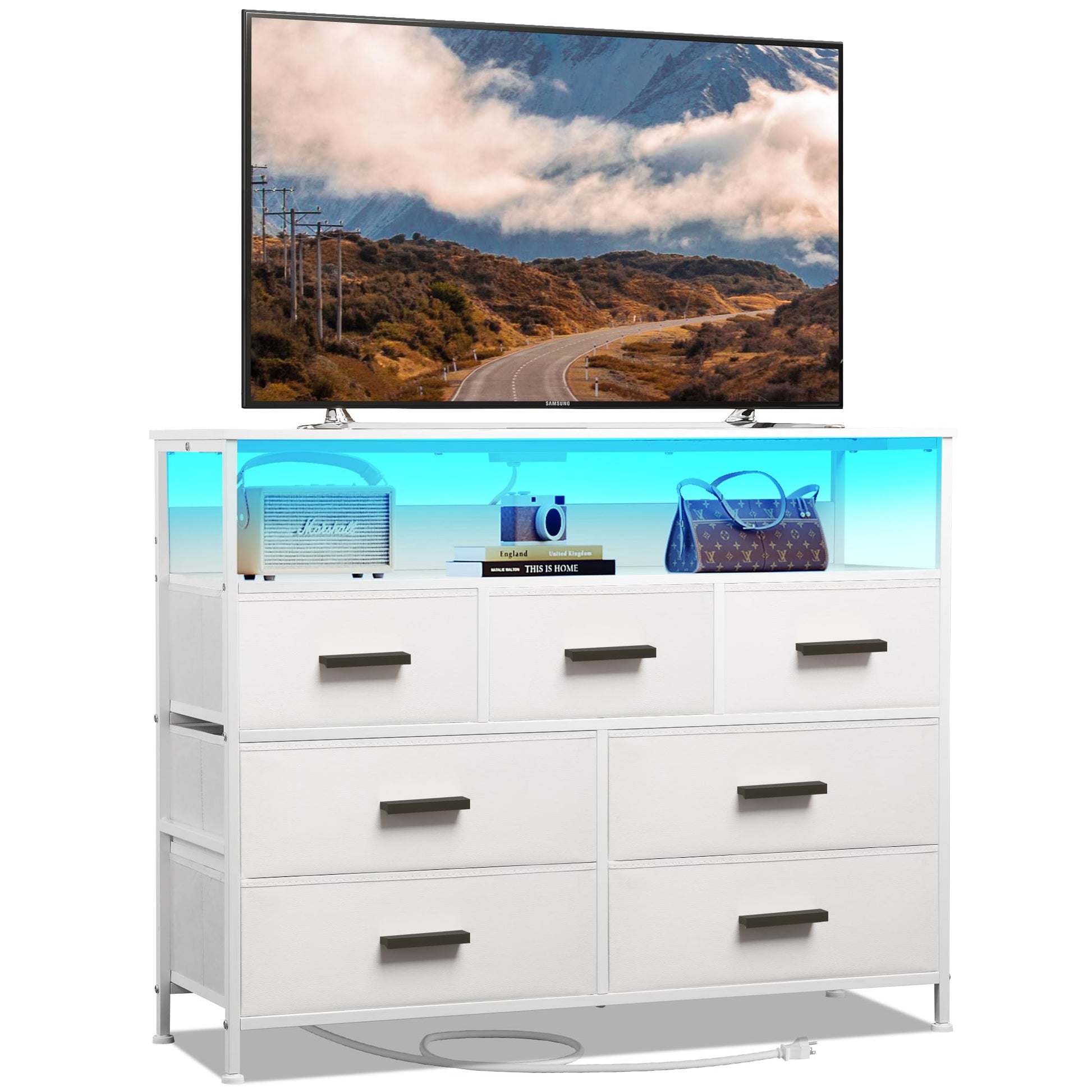 NASHZEN Dresser TV Stand with 7 Drawers, Dresser TV Stand with LED Lights & Power Outlets, Bedroom Dresser, Chest of Drawers up to 45'' Long TV, Wide Fabric Dresser with Open Shelf (White) - WoodArtSupply