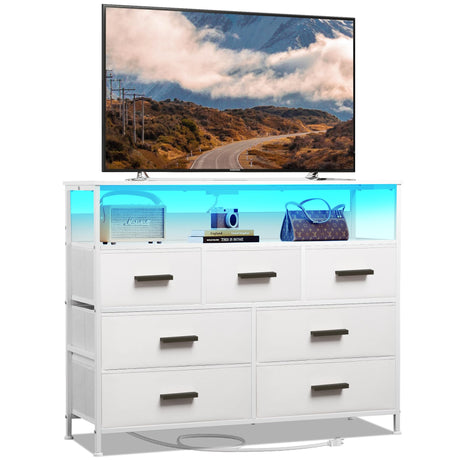 NASHZEN Dresser TV Stand with 7 Drawers, Dresser TV Stand with LED Lights & Power Outlets, Bedroom Dresser, Chest of Drawers up to 45'' Long TV, Wide Fabric Dresser with Open Shelf (White) NASHZEN