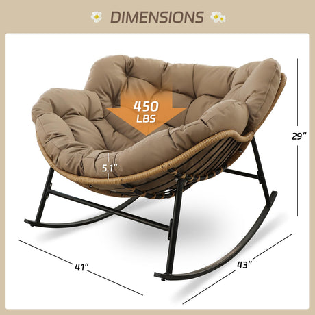 BULEXYARD Oversized Papasan Rocking Chair Indoor Outdoor 450lbs, Brown Wicker Royal Rocking Egg Chair with Brown Thick Cushion, Cozy Recliner Lounge Rocker for Balcony, Porch BULEXYARD