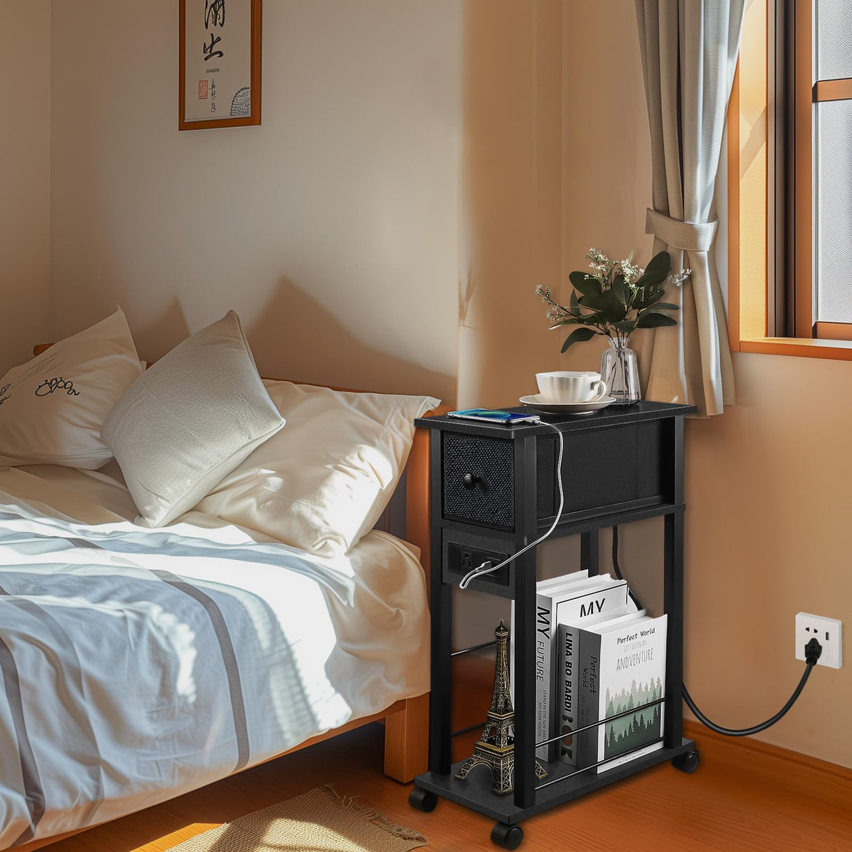 DGSANDGO Side Table with Charging Station and Drawer, Narrow End Table with USB Ports and Outlets for Small Space, Living Room, Bedroom and Office, with 4 Wheels Black DGSANDGO