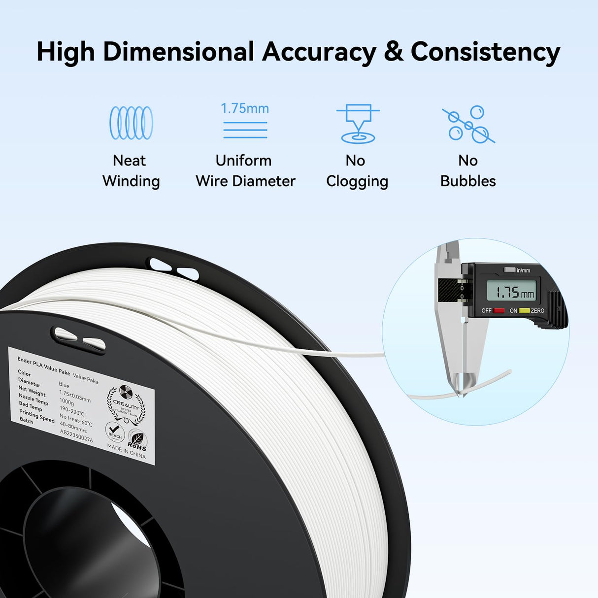 Creality 3D Printer Filament, PLA Filament 1.75mm Bundle 2Kg for 3D Printing, Ender PLA Filament No-Tangling, Strong Bonding & Overhang Performance, Accuracy +/- 0.02mm (White & White 2-Pack) Creality