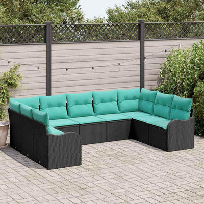 HETFTJN 9-Piece Patio Furniture Set Modular Outdoor Sectional Sofa Black and Turquoise Poly Rattan 47.6×24.2×27.2 in UV-Resistant Cushions for Garden Terrace Small Balcony
